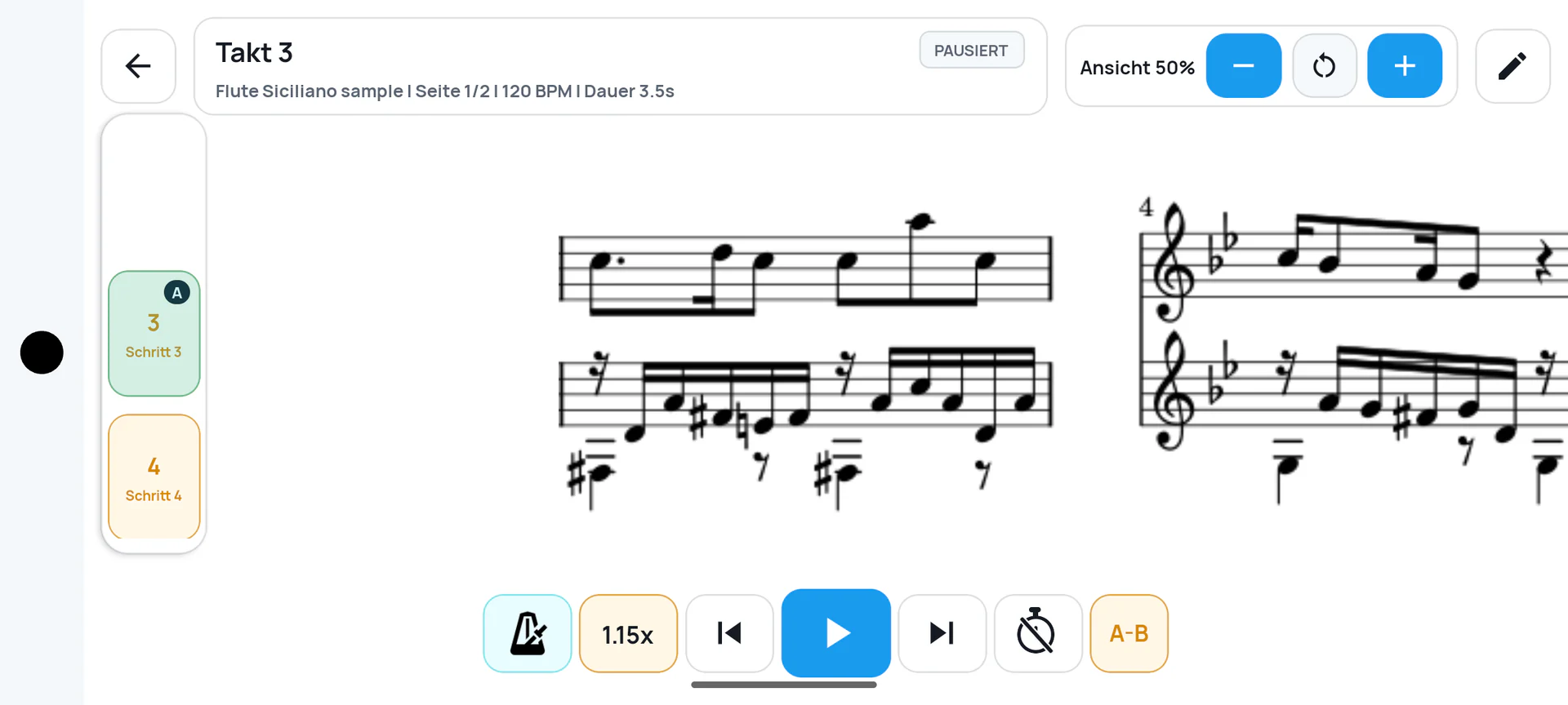 SheetCue-Übungsansicht mit Metronom, Tempo, Timer und A-B-Loop